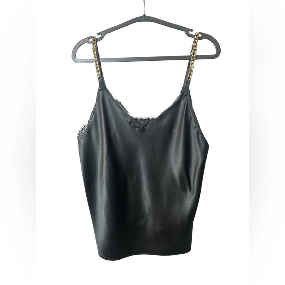 Victoria’s Secret Black Satin Lace Chain Strap Cami Tank Top Size L‎